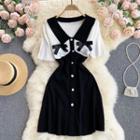 V-neck Color Block Knit Short-sleeve Dress White - One Size