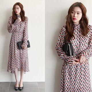 Gathered- Waist Pattern Chiffon Long Dress