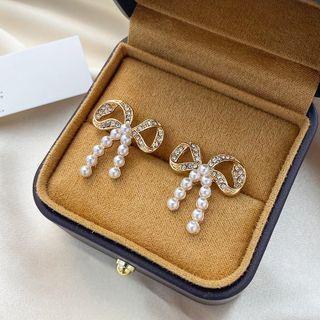 Bow Rhinestone Faux Pearl Fringed Earring 1 Pair - 925 Silver Needle Earring - Gold Trim - Silver - One Size
