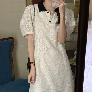 Puff-sleeve Polo Neck Lace Mini Dress