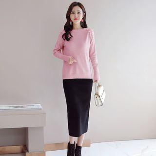 Set: Embellished Sweater + Straight Cut Midi Skirt