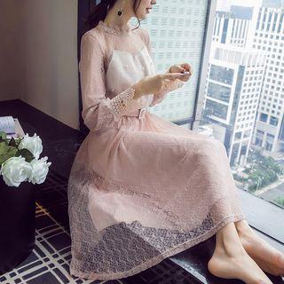 Mock Two-piece Long-sleeve Lace Panel Midi Dress