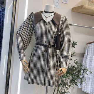 Gingham Long-sleeve Mini A-line Dress With Belt