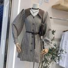 Gingham Long-sleeve Mini A-line Dress With Belt