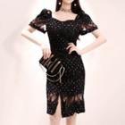 Dotted Short-sleeve Lace Sheath Dress