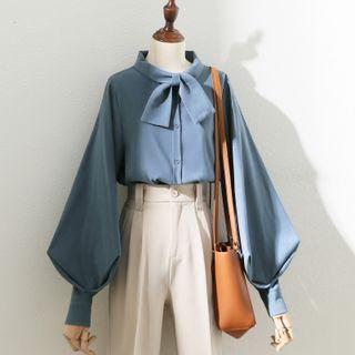 Lantern-sleeve Stand-collar Plain Bow Shirt
