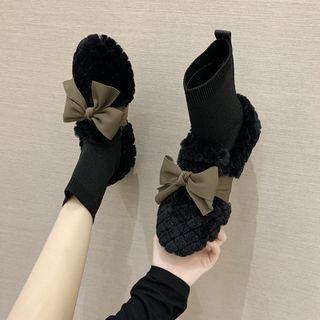 Bow Accent Knit Panel Fluffy Short Boots
