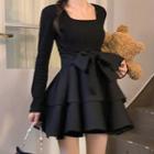 Square-neck Bow Mini A-line Dress Black - One Size