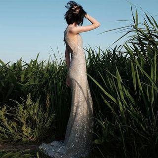 Spaghetti Strap Sequined Open-back A-line Evening Gown