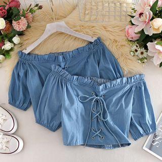 Off Shoulder Lace Up Denim Top