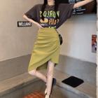 Set: Short-sleeve Lettering Print T-shirt + Irregular Pencil Skirt