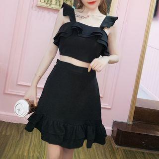 Set: Ruffle-strap Crop Top + Ruffled A-line Skirt
