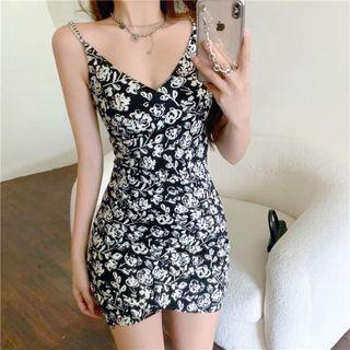 V-neck Floral Mini Bodycon Dress