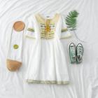 Embroidered Ruffled Short-sleeve Dress White - One Size