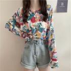 Long-sleeve Print Loose-fit T-shirt Colourful Tee - One Size