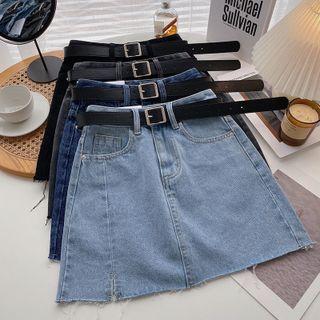 Set: Frayed Denim Mini A-line Skirt + Belt