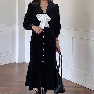Bow Button-up Midi Velvet Dress