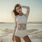 Set: Long-sleeve Lace Swimsuit + Cover-up