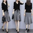 Set: Long-sleeve Drawstring T-shirt + Houndstooth Midi Mermaid Skirt