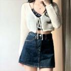 Floral Halter Top / Net Cropped Light Cardigan / Denim Mini Skirt