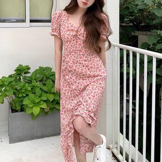 Short-sleeve Square-neck Asymmetrical Floral Dress