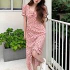 Short-sleeve Square-neck Asymmetrical Floral Dress