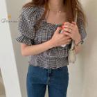 Puff-sleeve Plaid Tiered Crop Top As Shown In Figure - One Size