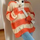 Long-sleeve Striped Knit Sweater Stripe - Orange & White - One Size
