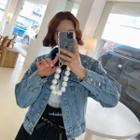 Faux-pearl Trim Denim Jacket Blue - One Size