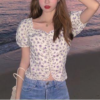Floral Print Puff-sleeve Cropped Top White - One Size