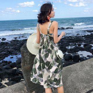 Wide-strap Leaf Print Midi A-line Dress