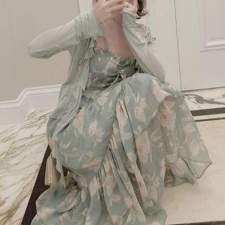 Ruffle Strap Floral Print Midi A-line Dress / Open Front Jacket / Set