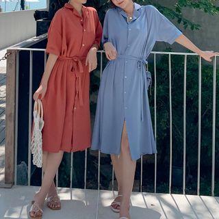 Buttoned Tie-waist Elbow-sleeve Midi Shirt Dress