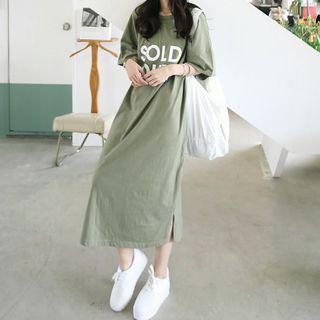 Elbow-sleeve Midi Lettering T-shirt Dress