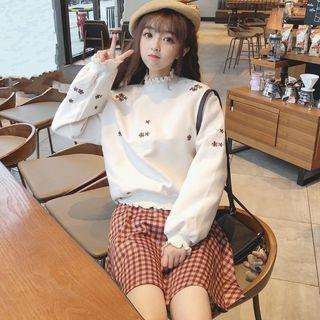 Embroidered Pullover / Mini Plaid A-line Skirt