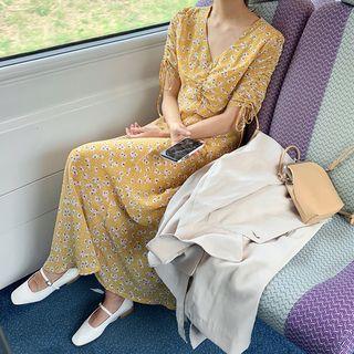 Elbow-sleeve Floral Print Maxi Chiffon Dress Yellow - One Size
