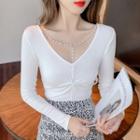 Long-sleeve Twisted Faux Pearl T-shirt