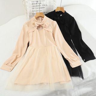 Long-sleeve Bow Mesh Overlay Mini Dress