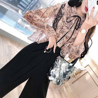 Set: Printed Blouse + Cropped Wide-leg Suspender Pants