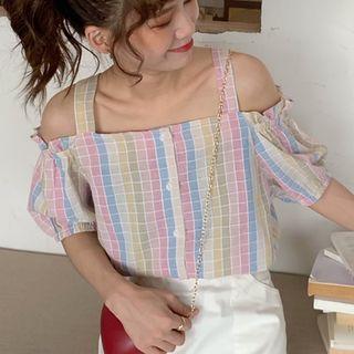 Cold-shoulder Plaid Top As Shown In Figure - One Size