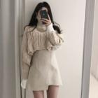 Mock Neck Cable Knit Cropped Top / High-waist Asymmetric Skirt