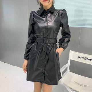 Long-sleeve Faux Leather Shirt Dress