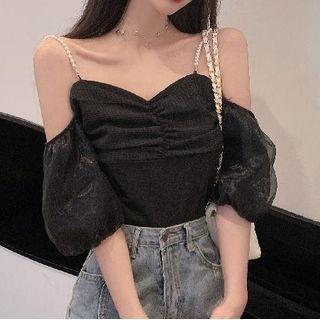 Puff Short-sleeve Off-shoulder Sheer Panel Crop Top Black - One Size