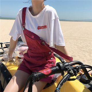 Flower Print Short-sleeve T-shirt / Denim Jumper Shorts