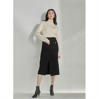 Slit-front Tweed Midi Skirt