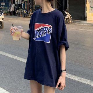 Elbow-sleeve Print T-shirt Navy Blue - One Size