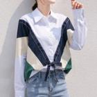 Bow Color-block Long-sleeve Shirt White - One Size