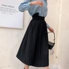 Long-sleeve Striped Shirt / A-line Midi Pleated Skirt