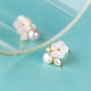S925 Silver Rhinestone Faux-pearl Flower Stud Earrings