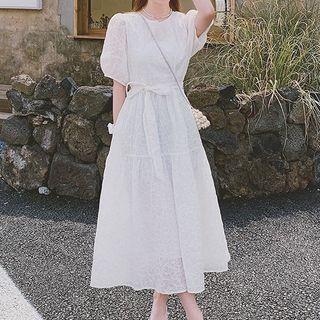 Puff-sleeve Plain Tie-waist Maxi Dress